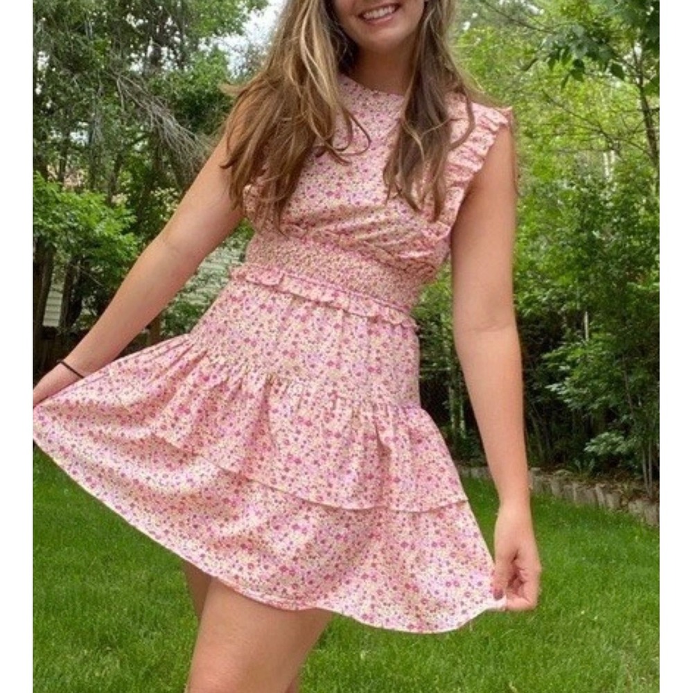 Storia Pink Floral Smocked Tiered Ruffle Mini Dress - Small